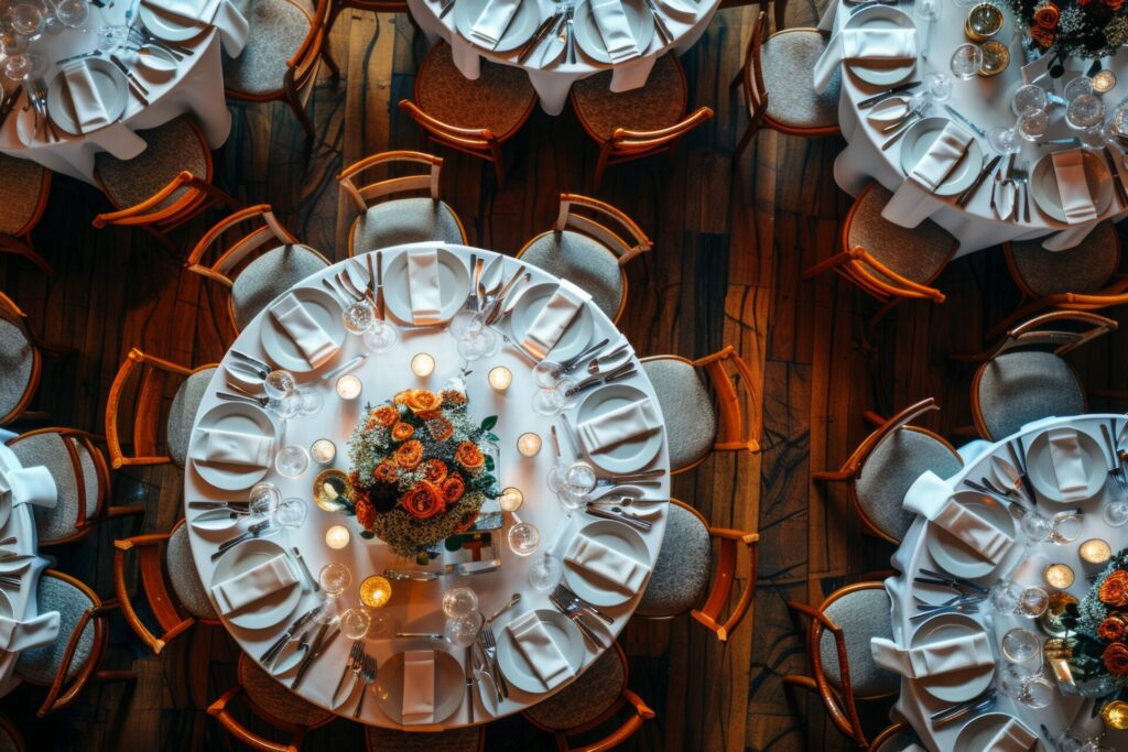 Overhead view of round banquet tables set with white linens, place settings, and floral centerpieces surrounded by chairs